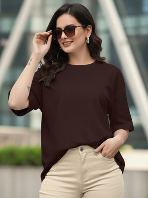 JUST ROAR Solid Women Round Neck Brown T-Shirt
