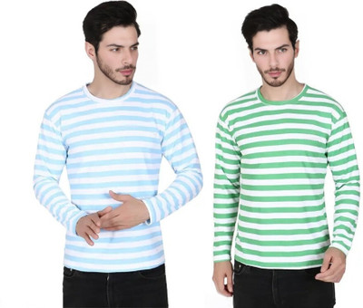 cnw Striped Men Round Neck Light Blue, Green T-Shirt