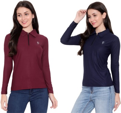 FASHA Solid Women Zip Neck Dark Blue, Maroon T-Shirt