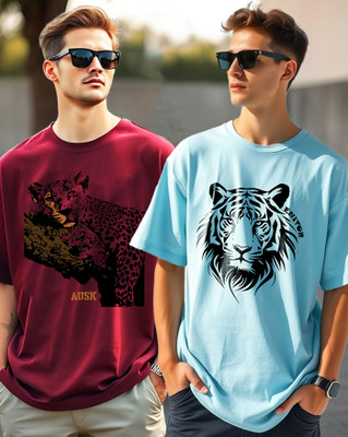 AUSK Graphic Print Men Round Neck Light Blue, Maroon T-Shirt