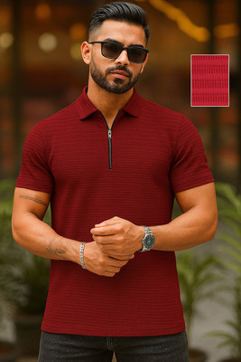 Moda Rapido Solid Men Zip Neck Red T-Shirt