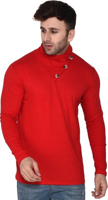 GEUM Solid Men High Neck Red T-Shirt