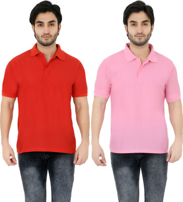 YUALIN CREATION Solid Men Polo Neck Pink T-Shirt