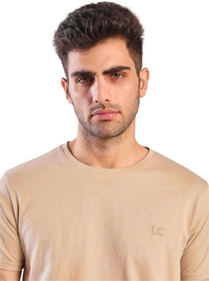 LONDON COLORS Solid Men Round Neck Beige T-Shirt