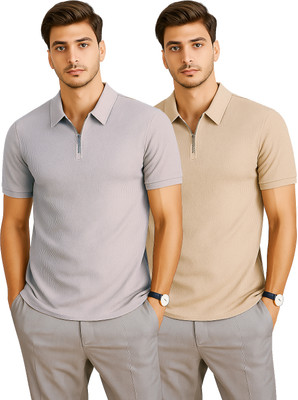 RMLKN Self Design Men Zip Neck Beige, Grey T-Shirt