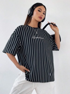 Else & What Striped Women Round Neck Black T-Shirt