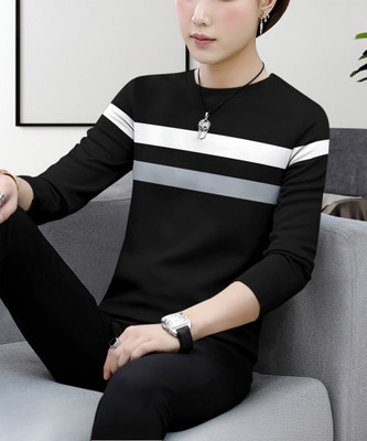SCOWET Striped Men Round Neck Black T-Shirt