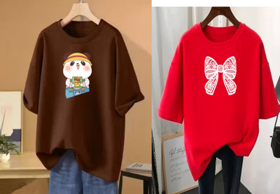 RAPTUROUS Printed Women Round Neck Brown, Red T-Shirt