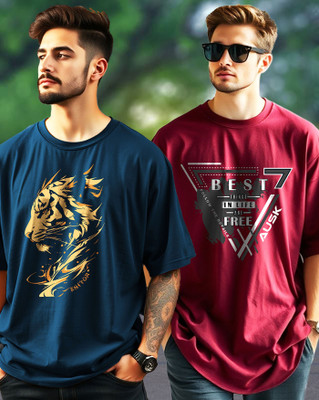 AUSK Typography, Graphic Print Men Round Neck Dark Blue, Maroon T-Shirt