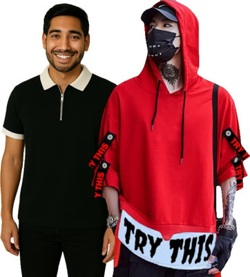 Try This Printed Men Hooded Neck Red, Black T-Shirt