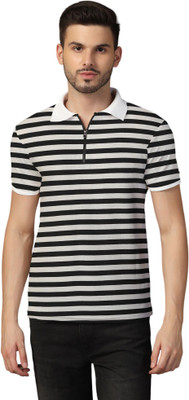 GEUM Striped Men Polo Neck Black T-Shirt