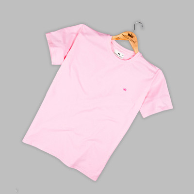 french crown Solid Men Round Neck Pink T-Shirt