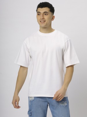 N AND J Solid Men Round Neck White T-Shirt