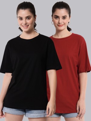 FUNDAY FASHION Solid Women Round Neck Maroon, Black T-Shirt