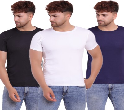 KASPY Solid Men Round Neck White, Black, Navy Blue T-Shirt