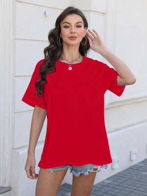 Lasmo Solid Women Round Neck Red T-Shirt