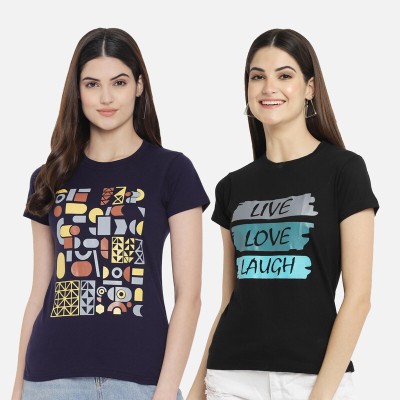 Fabflee Casual Printed Women Black, Dark Blue Top