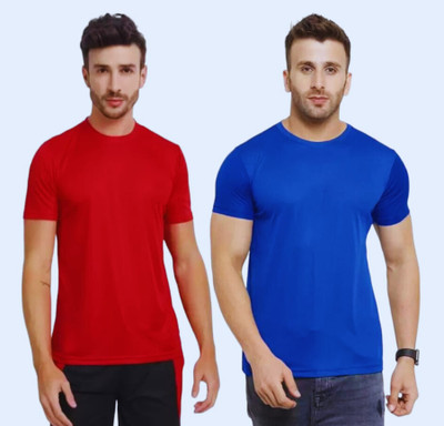 Timyka Solid Men Round Neck Red, Dark Blue T-Shirt