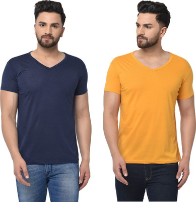 Tresna Fab Solid Men V Neck Dark Blue, Yellow T-Shirt