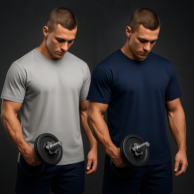 lvisha Solid Men Round Neck Navy Blue, Grey T-Shirt