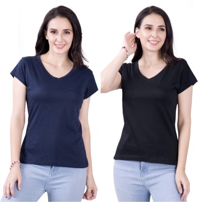 FASHINKS Solid Women V Neck Black, Navy Blue T-Shirt