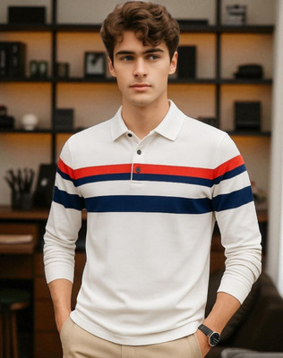 TrendShaper Striped Men Polo Neck White T-Shirt