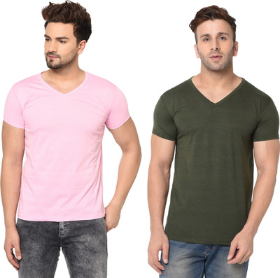 Tresna Fab Solid Men V Neck Pink, Grey T-Shirt