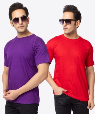 Vazo Solid Men Round Neck Purple, Red T-Shirt