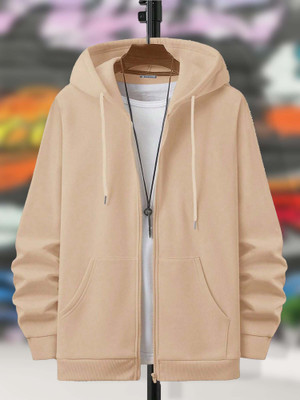 Jump Cuts Solid Men Hooded Neck Beige T-Shirt