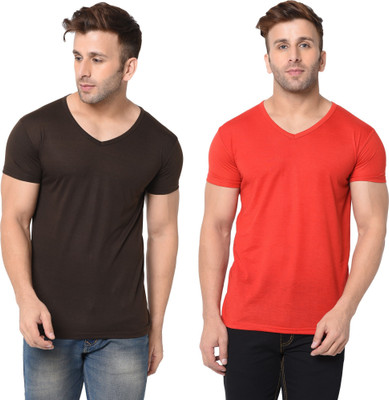 Tresna Trendy Solid Men V Neck Red, Brown T-Shirt