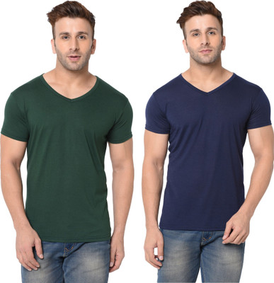 Tresna Trending Solid Men V Neck Dark Blue, Dark Green T-Shirt