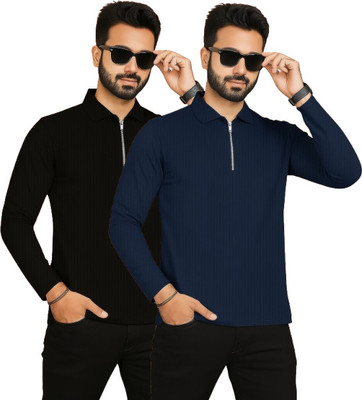VINTAGE CROWN Striped Men Polo Neck Black, Blue T-Shirt