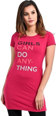 plush Printed Women Round Neck Pink T-Shirt