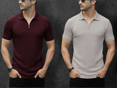 The Stanch Self Design Men Zip Neck Maroon, Grey T-Shirt