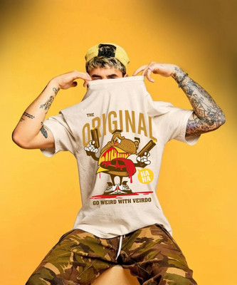Veirdo Graphic Print, Typography Men Round Neck Beige T-Shirt