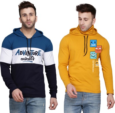 SLOWLORIS Printed Men Hooded Neck Dark Blue, Yellow, White T-Shirt