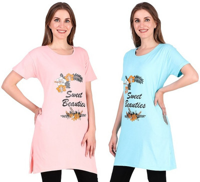 Trike Typography Women Round Neck Reversible Light Blue, Pink T-Shirt