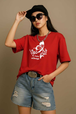 Kaka Fashion Graphic Print Women Round Neck Red T-Shirt