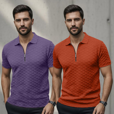 METRONAUT Solid Men Zip Neck Purple, Orange T-Shirt