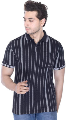 BELPATRA Striped Men Polo Neck Black T-Shirt
