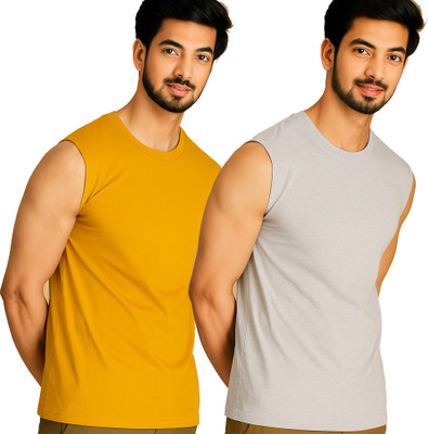 Jangoboy Solid Men Round Neck Yellow, Grey T-Shirt