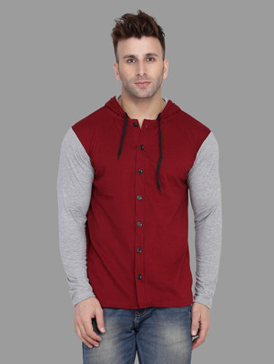 Trendfull Solid Men Hooded Neck Maroon, Silver T-Shirt