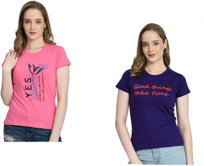 IndiWeaves Printed Women Round Neck Pink, Purple T-Shirt