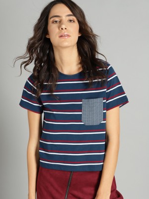 Roadster Striped Women Round Neck Dark Blue T-Shirt