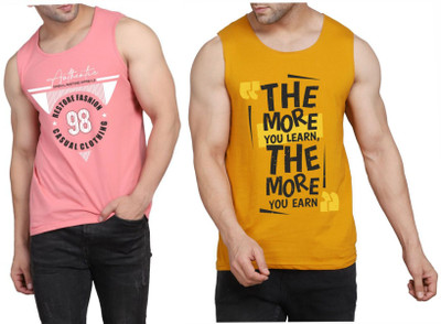 WOOSTRO Printed Men Scoop Neck Pink, Brown T-Shirt