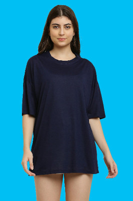 elegance redefined Solid Women Round Neck Dark Blue T-Shirt