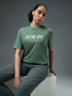 TECHNOSPORT Printed Women Crew Neck Green T-Shirt