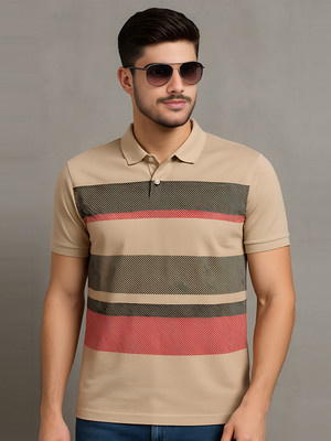 Hushbucks Printed Men Polo Neck Beige T-Shirt