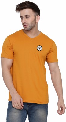 Lawful Casual Solid Men V Neck Gold T-Shirt