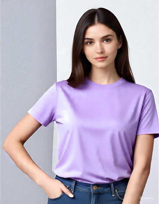 HouseOfCommon Solid Women Round Neck Purple T-Shirt